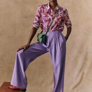 Нова френска елегантна модерна отпечатана шарка течаща коприна и памучна смес с дълги ръкавици тънка риза