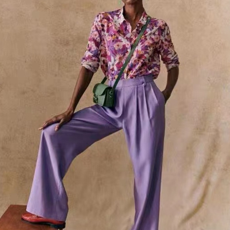 Нова френска елегантна модерна отпечатана шарка течаща коприна и памучна смес с дълги ръкавици тънка риза