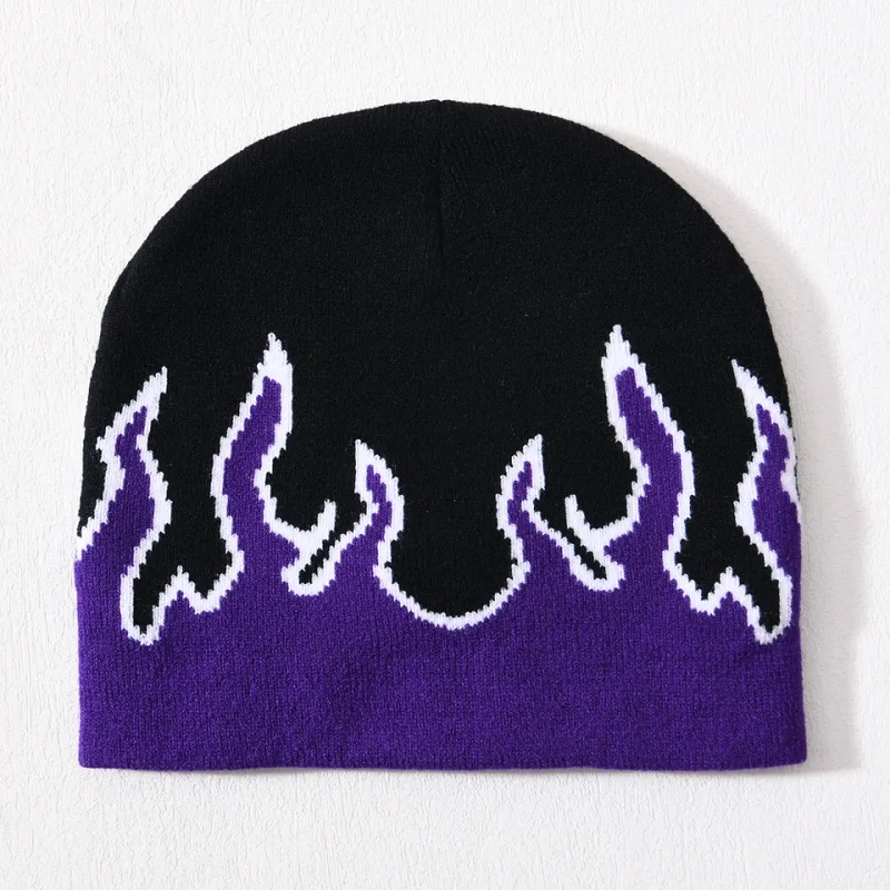 Търговия на едро череп ски акрилна плетена шапка Хип -хоп маншет през целия печат дизайн персонализиран лого Unisex Winter Jacquard Flame Beanie