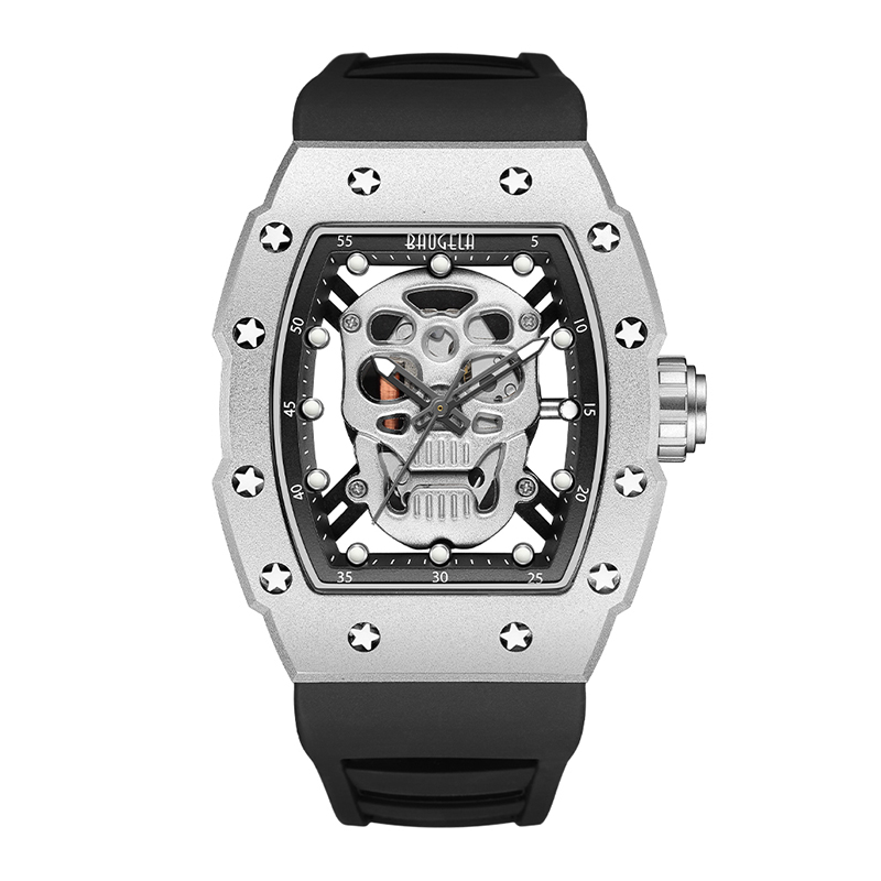 Baogela Skull Tonneau Watch Top Brand Quartz от неръждаема стомана часовници водоустойчив творчески часовник Силиконов каишка за китката Роза 4141