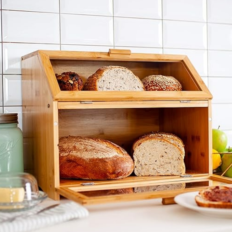 Бамбукова кутия за хляб за кухненски плот - Двоен слой за съхранение на хляб с прозрачни прозорци - кошче за хляб в селска селска къща