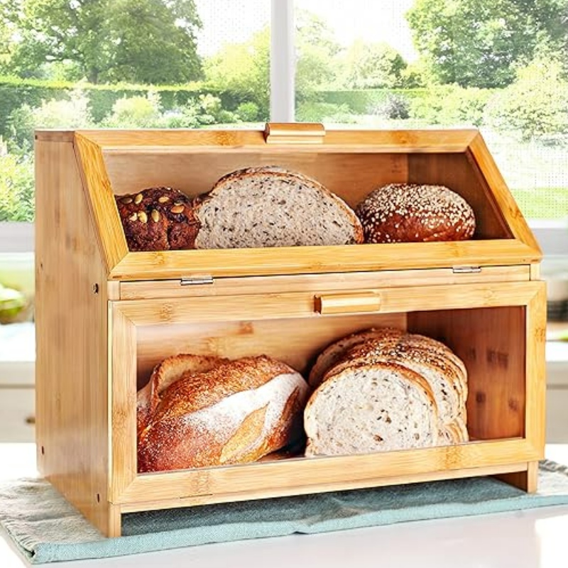 Бамбукова кутия за хляб за кухненски плот - Двоен слой за съхранение на хляб с прозрачни прозорци - кошче за хляб в селска селска къща