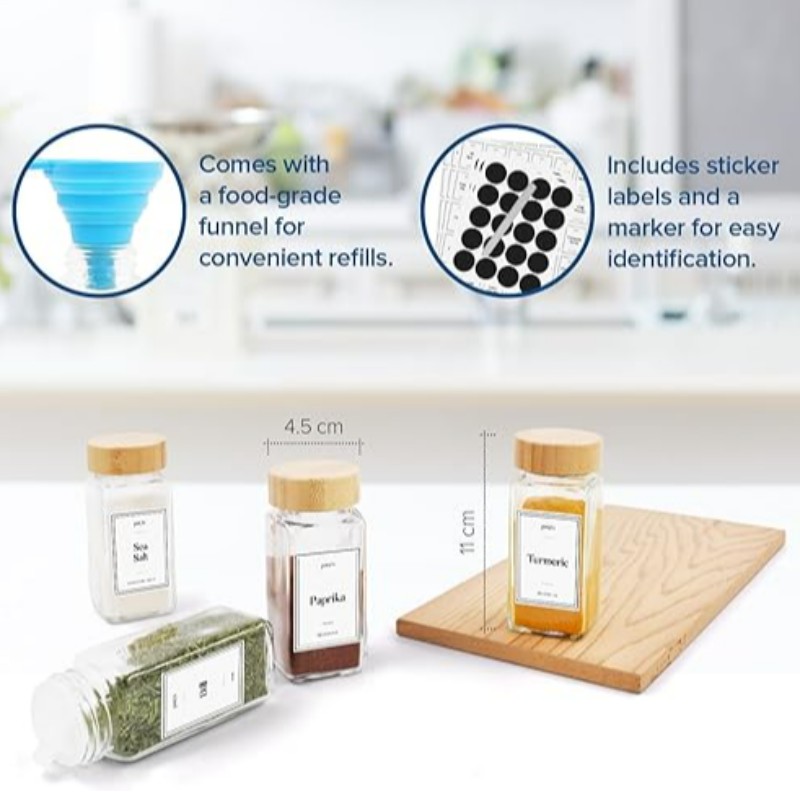 Запитни буркани с капаци и етикети - 24 парчета 120ml стъклени контейнери - бамбуков капак - Ultimate Kitchen Storage Solution за подправки и билки