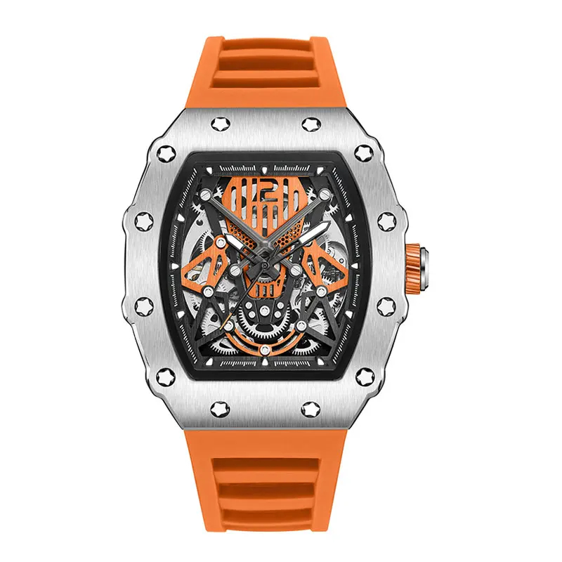Baogela New Full Automatic Mechanical Men Гледайте марка модна куха луксозни часовници мъже водоустойчив часовник оранжев
