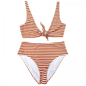 Оранжев оранжев бял ивица широк рамо лък удобен с висок бански костюм с висока талия