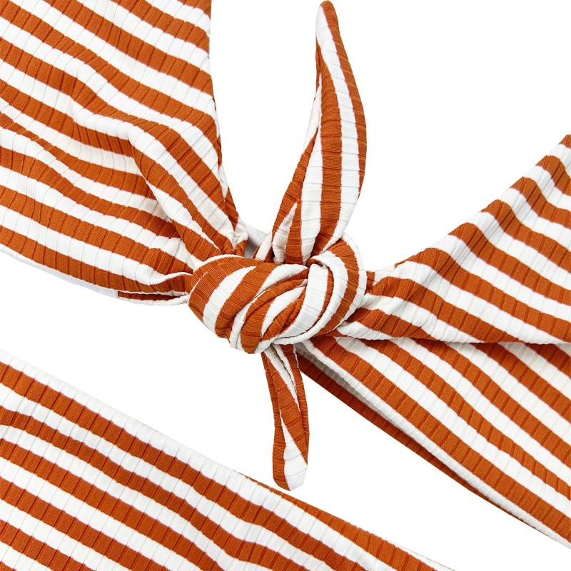 Оранжев оранжев бял ивица широк рамо лък удобен с висок бански костюм с висока талия