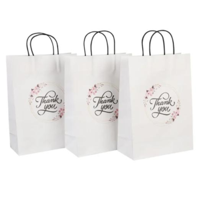 Персонализиран размер на едро с печат лого фантазия благодаря бяла крафт хартиена чанта специален ден сватба персонализирана чанта за подарък с дръжка
