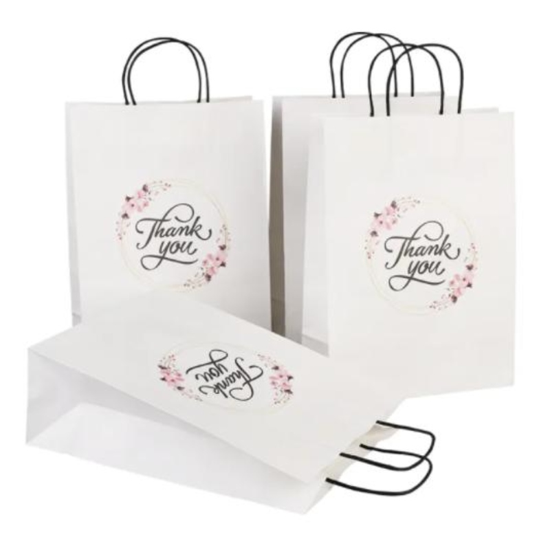 Персонализиран размер на едро с печат лого фантазия благодаря бяла крафт хартиена чанта специален ден сватба персонализирана чанта за подарък с дръжка