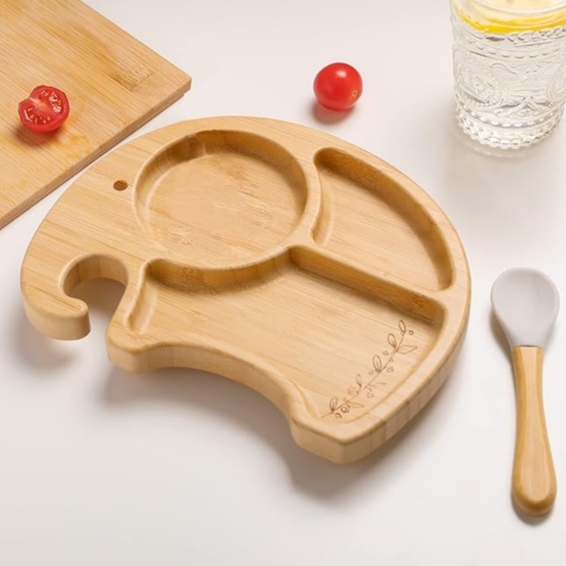 Бамбуково слонова плоча купа и лъжица комплект за деца деца деца, смукателна чиния