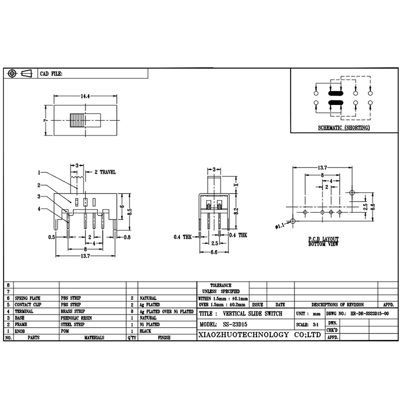SLIDE SWITCH SS23D15 FLAGHLIGHT MINI TOY SLINDING BAND SWITCH
