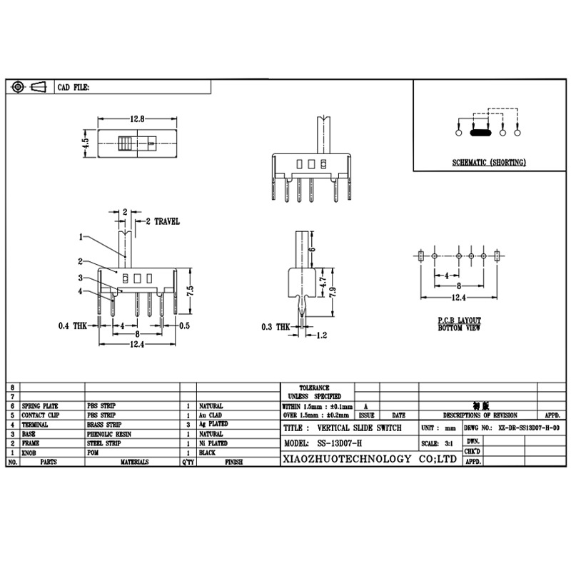 SLIDE SWITCH SS13D07 SINGE-Ред четири-ПИН MICRO превключвател, превключвател за вертикално превключване за електрически уреди, 3, 4, 5 и 6 позиции плъзгащ се превключвател