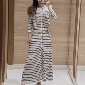 V-Шия без ръкави с дълъг плетен райета рокля