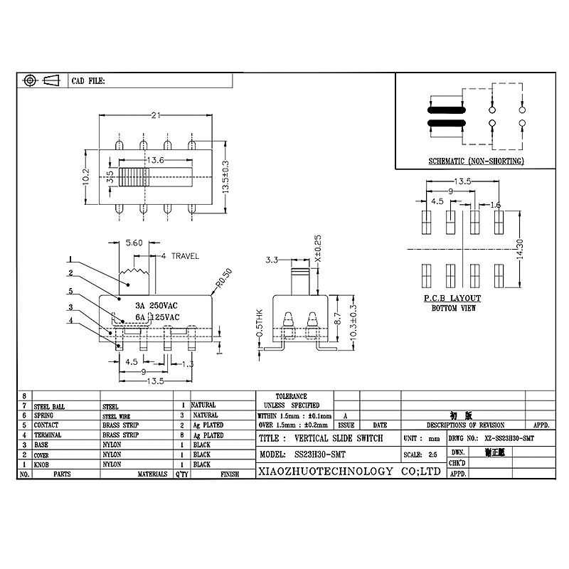 SLIDE SWITCH SS23H30 ДВЕ-Позиция за домакински уреди, медицинска помощ, оборудване за грижа за косата и косата, високо-ток 3-Поставете плъзгащ се превключвател