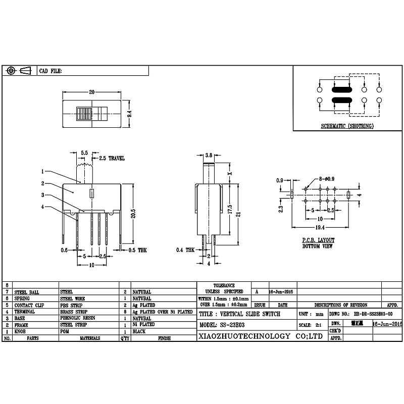 Slide Switch S23E03 Микро плъзгащ се превключвател за горелка за подчинение на сешоара, двойно-Ред 8-ПИН вертикален два-Поставка Slide превключвател